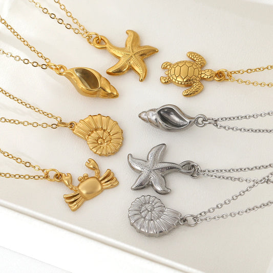 Summer Women's Starfish Conch Shell Necklace Fashion Stainless Steel Gold/Silver Color Crab Turtle Choker Beach Jewelry Gifts