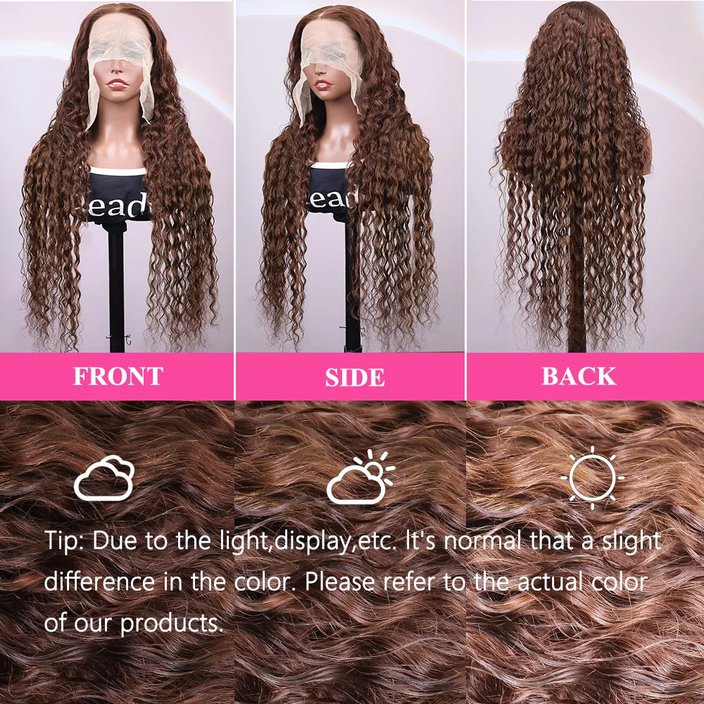 200 Density Chocolate Brown Deep Wave Lace Front Human Hair Wig 38Inch Color Hd Lace Frontal Wig For Women 13x4 Water Curly Wigs