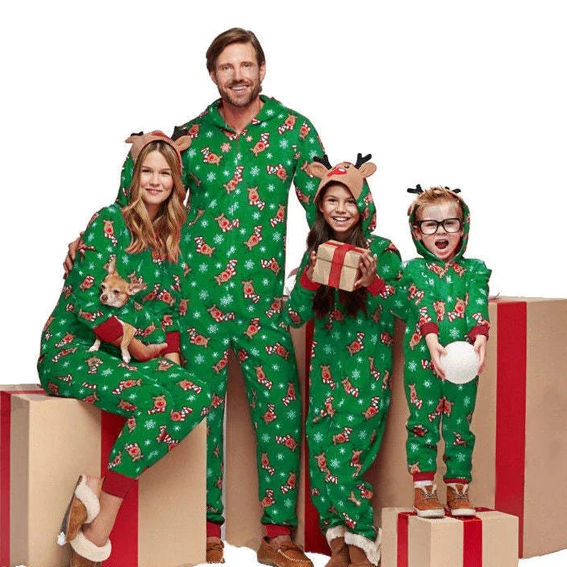 Christmas Family Matching Onesie Elk Print Cute Soft Jumpsuit Mom Dad Kids Clothing Sets Hooded Zipper Overall Xmas Look Pyjamas