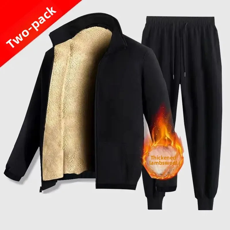 Men's Autumn Winter Lamb Velvet Set Thickened Fleece Casual Sports Outerwear And Pants Large Size Comfortable Dad Clothes