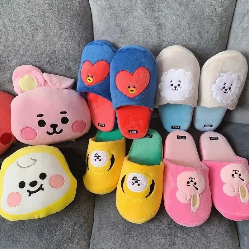 Anime BT21 Kawaii Plush Cotton Slippers Chimmy Cooky Women Fashion Spring Autumn Indoor Non-Slip Slippers