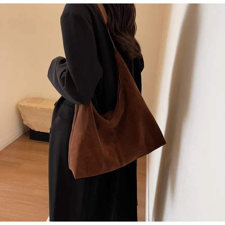 Vintage Suede New Large Capacity Women Tote Bag 2025 Autumn Winter Commute Shoulder Crossbody Bags Fashion Trend Underarm Bags