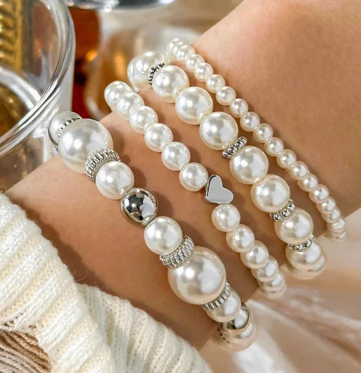 4Pcs/Set Heart White Color Pearl Bracelets Set For Women New Trendy Elastic Beaded Bracelet Elegant Wedding Party Jewelry Gift