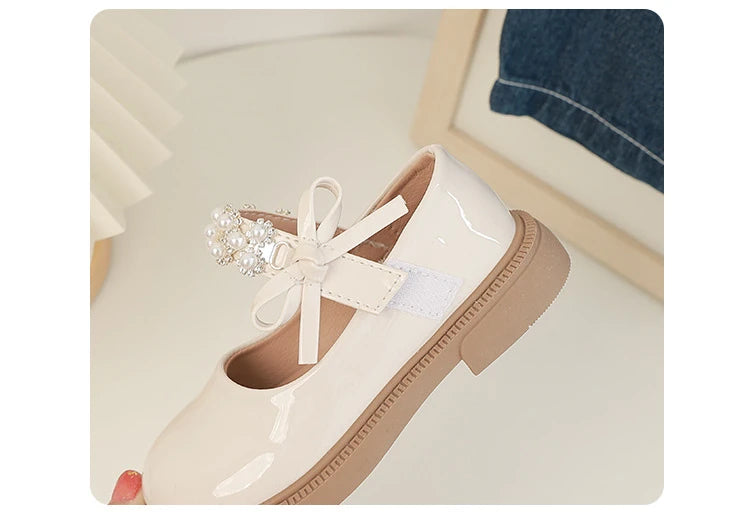 Children's Leather Shoes Glossy PU Black School Girl Shoes Fashion Sweet Kids Princess Soft Bottom Mary Jane Shoes Side Bowknot