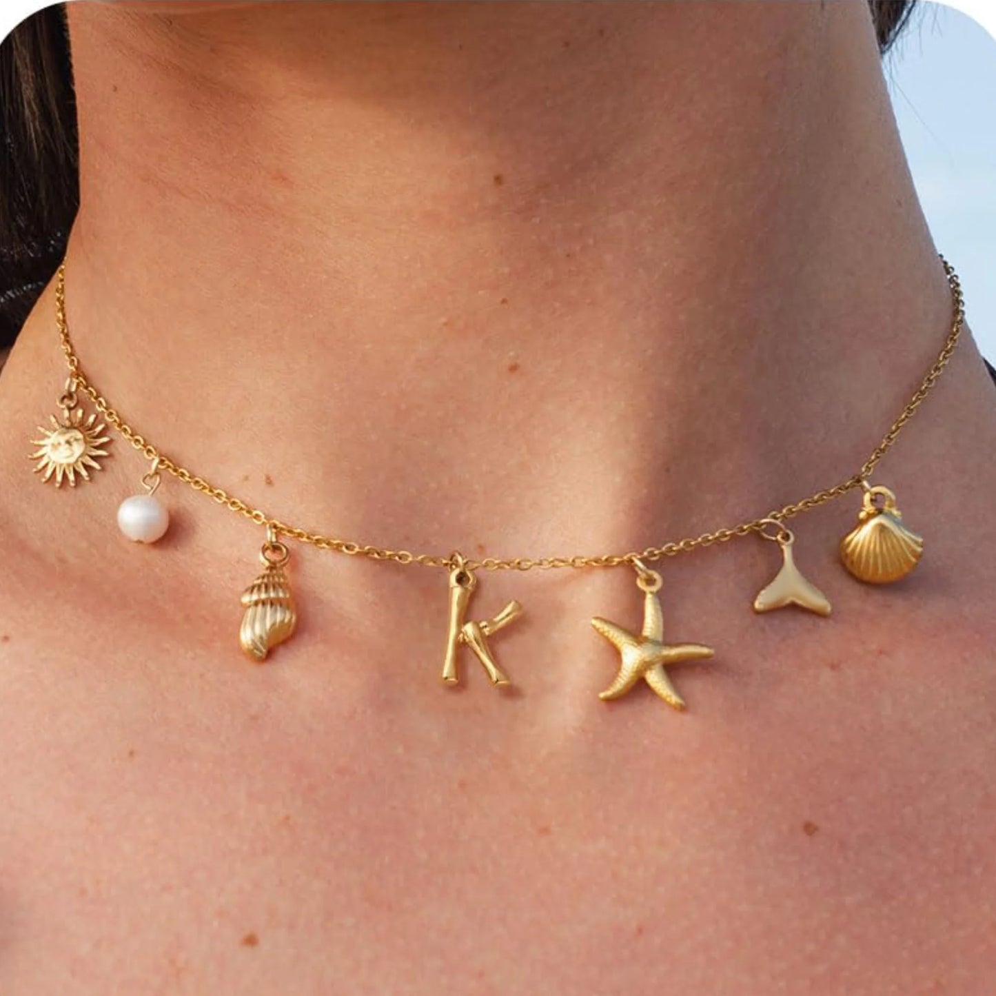 MHS.SUN Starfish Shell Initial Necklace Waterproof 18K Gold Plated Stainless Steel Charm Necklaces Surfer Girl Summer Beach Gift