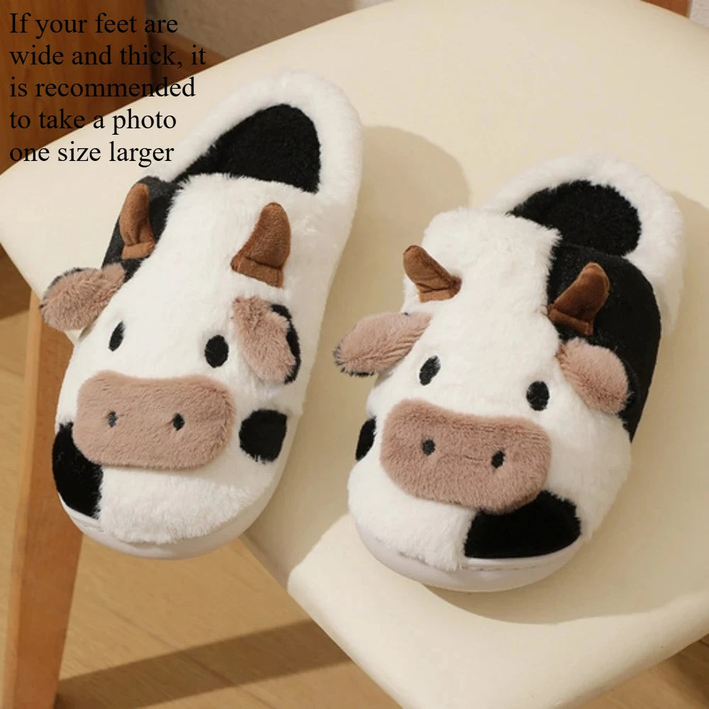 Winter Home Slippers for Couples Warm Plush Neutral Cartoon Cow Indoor Anti Slip Comfortable Cotton for Men Women
