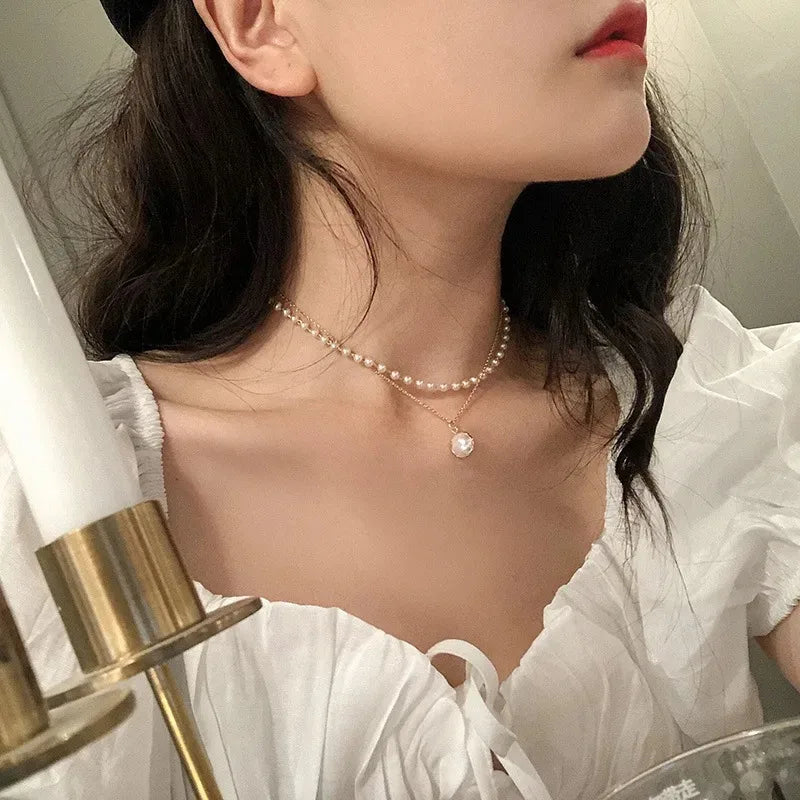 2025 New Women's Pearl Necklace Kpop Gold Color Beads Pendant Necklaces Goth Double Layer Chain Choker for Women Fashion Jewelry