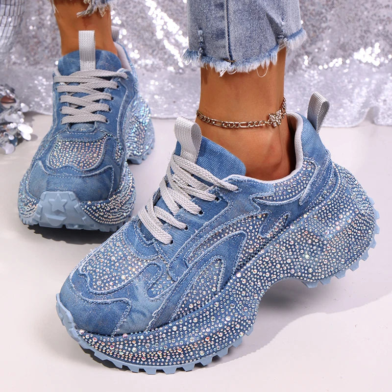 Luxury Rhinestone Chunky Sneakers for Women Fashion Purple Denim Platform Sports Shoes Woman Non Slip Thick Sole Vulcanize Shoes