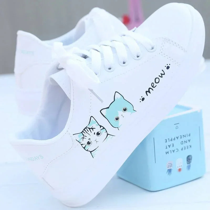 2024 New Arrival Fashion Lace-up Women Sneakers Women Casual Shoes Printed summer Women Pu Shoes Cute Cat  Shoes