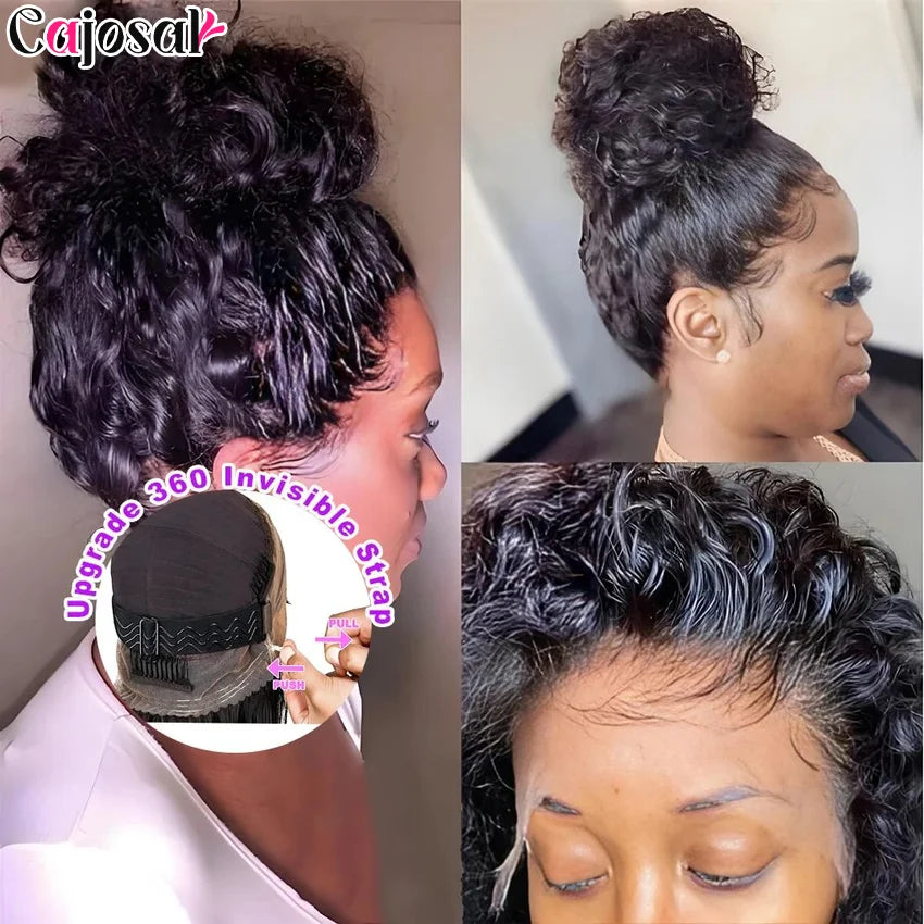 250 Density Invisi Strap 360 Full HD Lace Frontal Kinky Curly Wig Black Human Hair Drawstring Snug 30 inch Water Wig Glueless