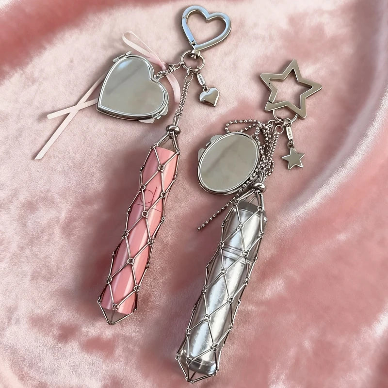 New Portable Lipstick Bag Women Metal Chain Mesh Pouch Stainless Steel Lipstick Holder Case Love Charm Keyrings Accessory